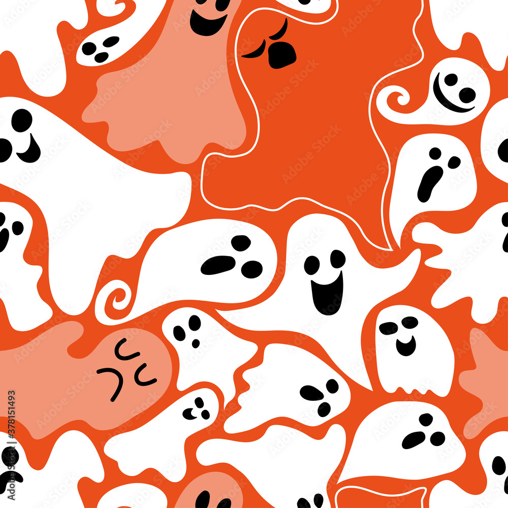 Cute ghosts are flying on an orange background. The spirits are celebrating Halloween. Seamless pattern for holiday gift wrapping, wallpaper, textile print, wrapping paper, covers, web. Vector drawing