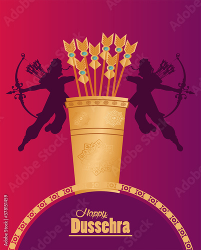 happy dussehra celebration card with gods ramma shadows and arrows bag photo