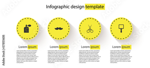 Set Aftershave bottle with atomizer, Mustache, Scissors hairdresser and Hand mirror. Business infographic template. Vector.