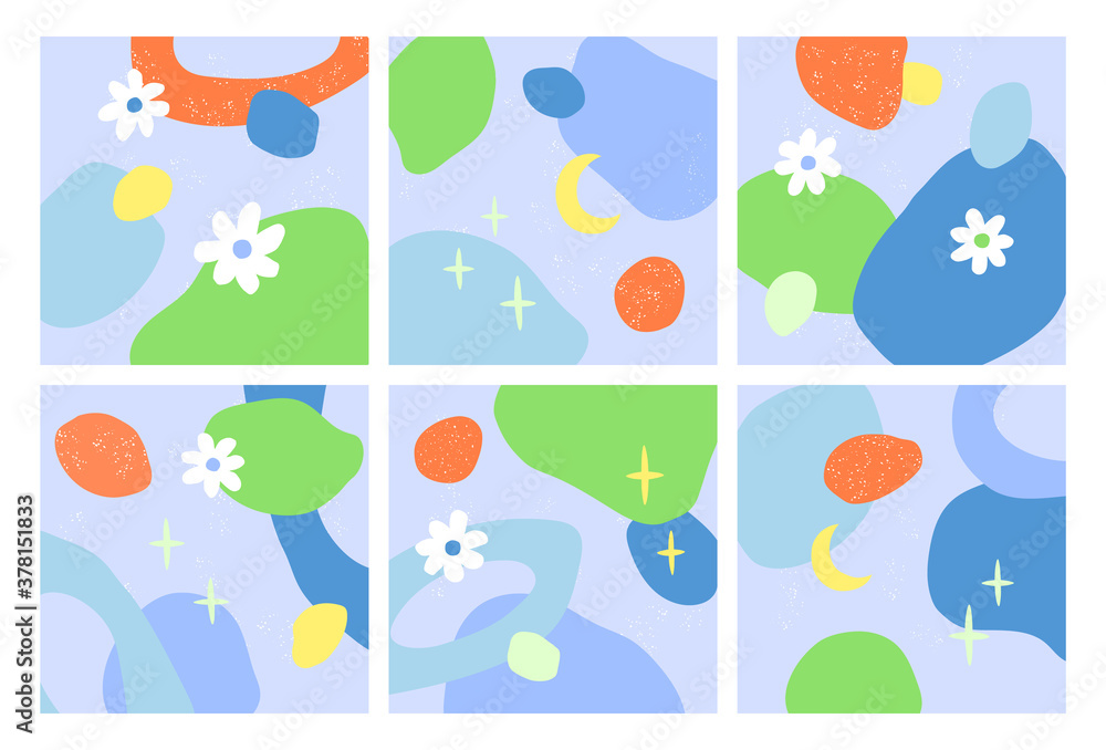 Set of six abstract magic backgrounds. Hand drawn various shapes and doodle objects. Different elements. Contemporary modern vector illustrations. Every background is isolated. Bright trendy colors.