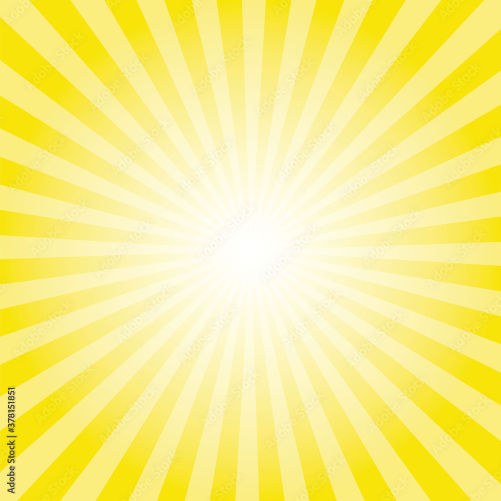 Fototapeta Sunburst background. Greenish yellow radiate sun beam burst effect. Bumblebee light flash boom. Sunrise glow burst. Solar radiance glare, retro design illustration.