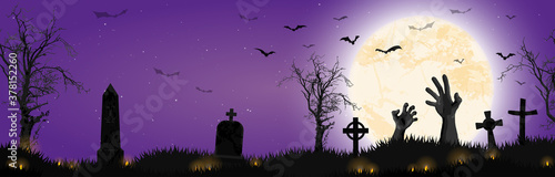 Halloween zombie hands in front of full moon