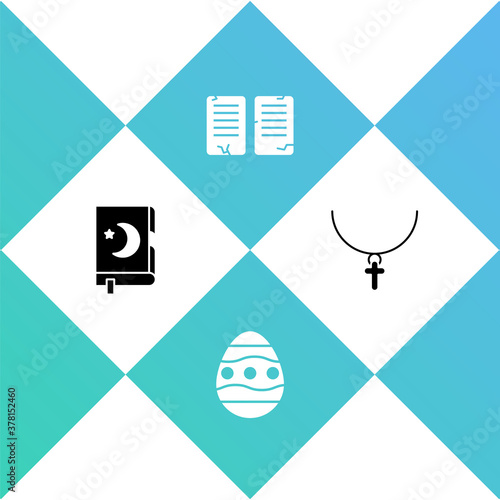 Set Holy book of Koran, Easter egg, The commandments and Christian cross on chain icon. Vector.