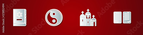Set Jewish torah book, Yin Yang, Church building and The commandments icon. Vector.