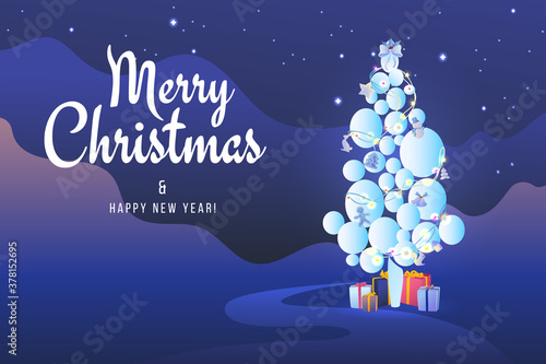 Bright New Year card with a festive Christmas tree on a dark background. Abstract Christmas tree made of circles with a gradient with gifts. Christmas decorations and garlands. 