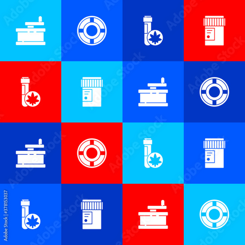 Set Manual grinder, Ashtray, Chemical test tube with marijuana and Medical bottle cannabis icon. Vector.