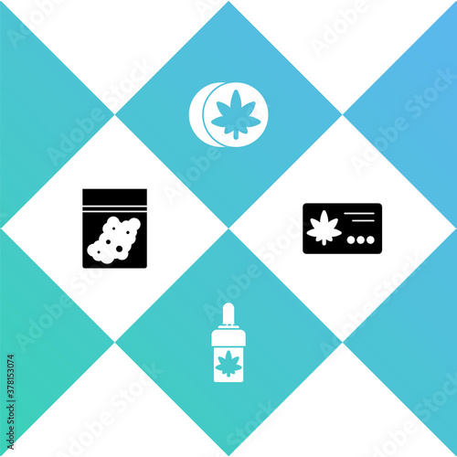Set Plastic bag of cannabis, Marijuana or olive oil, Herbal ecstasy tablets and Calendar and marijuana leaf icon. Vector.