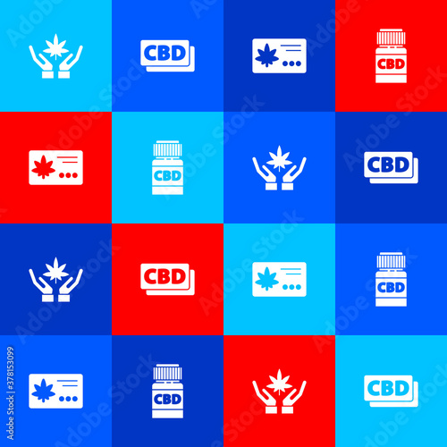 Set Marijuana or cannabis leaf, Cannabis molecule, Calendar and marijuana and Medical bottle with icon. Vector.