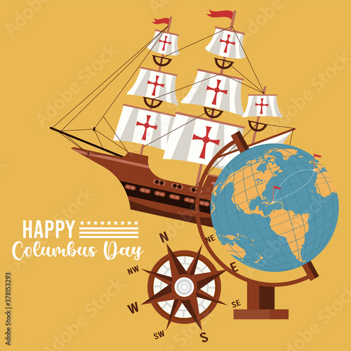 happy columbus day celebration with ship and world map