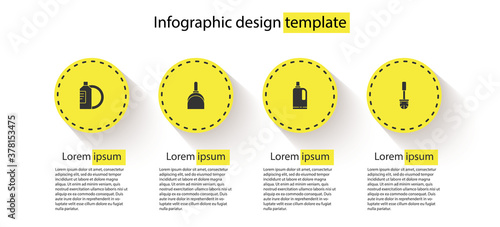 Set Dishwashing liquid bottle and plate, Dustpan, Fabric softener and Toilet brush. Business infographic template. Vector.
