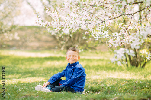 Child boy sits on sunlit glade in blooming garden.