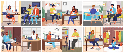 Podcasters scenes set. Young man and woman shoot a video for a podcast on a mobile phone at home. Illustration people create video files in the style of radio and television broadcasts on the Internet