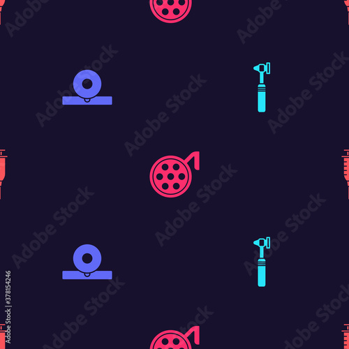 Set Medical otoscope tool, Otolaryngological head reflector, Surgery lamp and Syringe on seamless pattern. Vector.