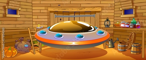 UFO Inside barn. Cheerful drawing card. Element from the comic.