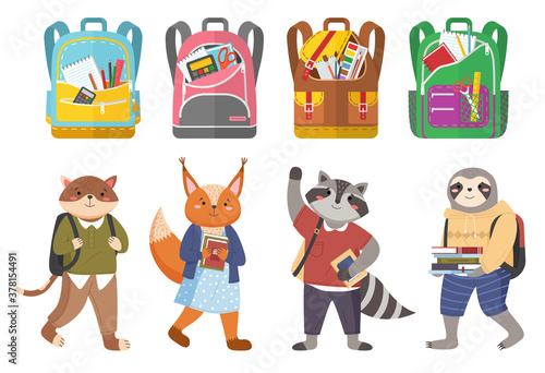 Cute animals students and bags collection, colorful vector banner with schoolchildren characters and bright schoolbags set with school supplies on white. Kids backpacks with education equipment