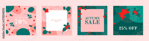 Set of autumn theme templates for social media, mobile apps, banners, ads. Pink and green abstract square art templates with floral elements, cranberries, berries, leaves. 
