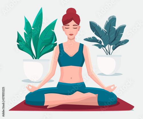 Wallpaper Mural Woman sitting in lotus position practicing meditation. Yoga girl vector illustration. Torontodigital.ca
