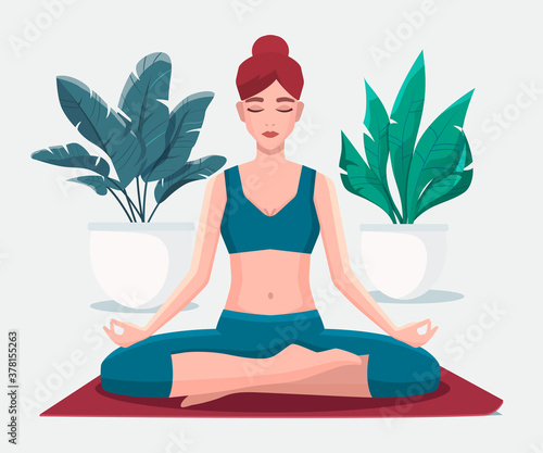 Wallpaper Mural Woman sitting in lotus position practicing meditation. Yoga girl vector illustration. Torontodigital.ca