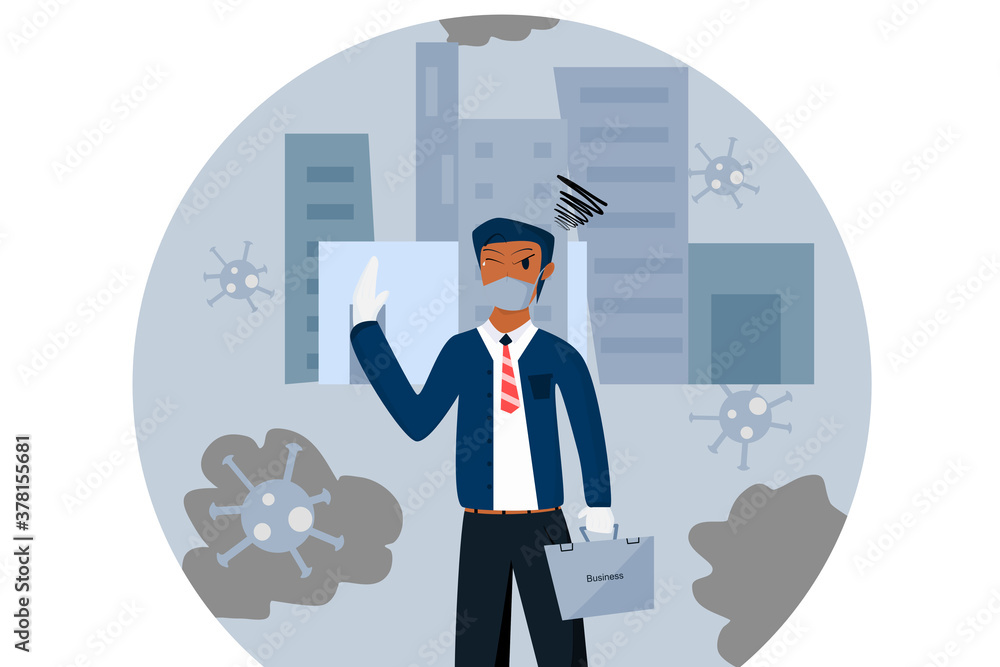 Young businessman Who are putting their hands to protect the dust The disease exists, the man wearing a mask to prevent disease. A city full of dust and germs, bacteria.businessman with a briefcase Young businessman Who are putting their hands to protect the dust The disease exists, the man wearing a mask to prevent disease. A city full of dust and germs, bacteria.businessman with a briefcase