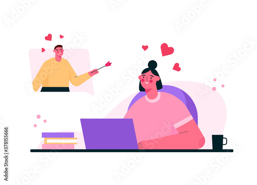 Virtual relationships. Online date during quarantine and self-isolation. Couple chatting online, meeting at dating app, talking via video chat. Man and woman in love. Vector flat cartoon illustration.