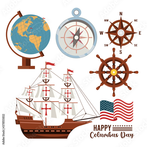 happy columbus day celebration with sailboat and set icons