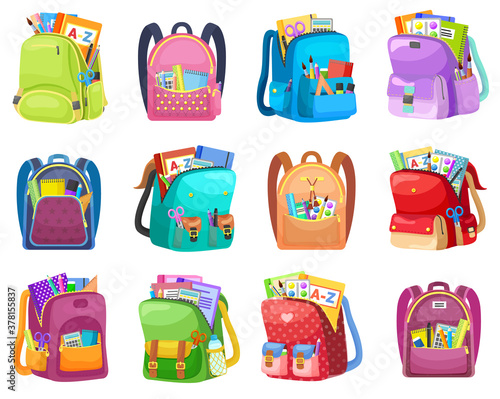 Colored school backpack. Education and study back to school, schoolbag luggage, rucksack vector illustration. Kids school bag with education equipment. Backpacks with study supplies. Student satchels