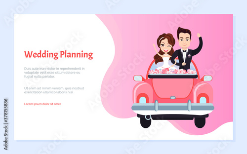 Wedding planning, happy couple characters standing in holiday car with flowers, groom embracing bride, blinking woman, pink web invitation vector. Website or webpage template, landing page flat style