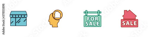 Set Market store, Man dreaming about buying house, Hanging sign with For Sale and icon. Vector.