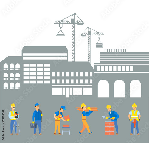 Teamwork renovation, men builders working with tile, brick and electric jackhammer, worker going with logs, building crane, construction zone vector