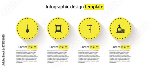 Set Shovel, Fertilizer bag, Scythe and Full sack and wooden box. Business infographic template. Vector.