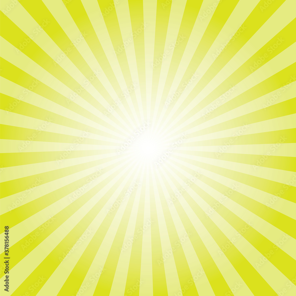 Fototapeta Sunburst background. Chartreuse yellow radiate sun beam burst effect. Sunbeam light flash boom. Sunrise glow burst. Solar radiance glare, retro design illustration.