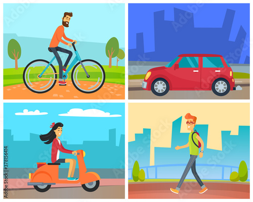 Means of transport vector, man riding bicycle in park in weekend, female character on scooter at street. Car automobile on road and male walking in city wearing rucksack. Urban cityscapes and skylines