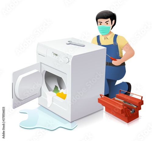 Réparation d'un sèche-linge en panne par un réparateur avec un masque