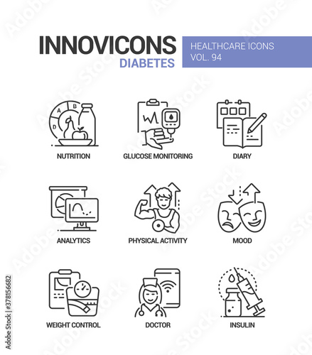 Diabetes - vector line design style icons set