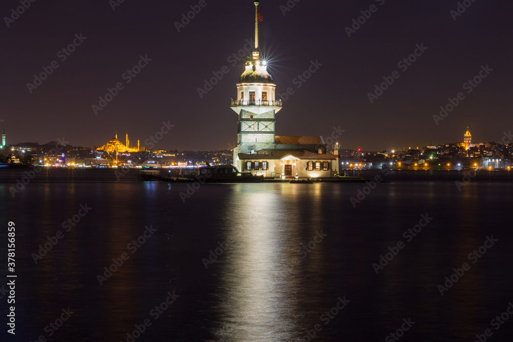 Famous Maiden's Tower in Istanbul, Turkey. long exposure night lights.