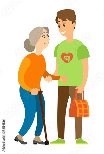 Portrait view of assistance helping lady, man holding old woman, grandmother going with stick, person with handbag, volunteer caring, caution vector © robu_s