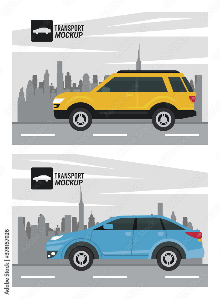 mockup cars colors blue and yellow isolated icons