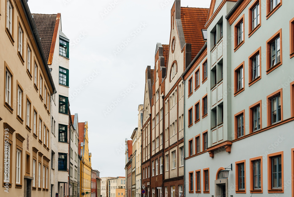Traditional colorful houses with gable in the old town of Stralsund, Germany