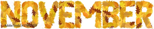 Word November With Colourful Letters Autumnal Leaves