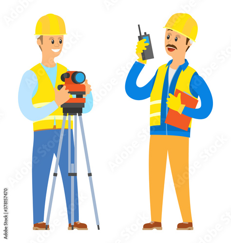 Builder with walkie talkie vector, male wearing helmet and special clothes talking to colleagues, man commanding and giving tasks assignments set