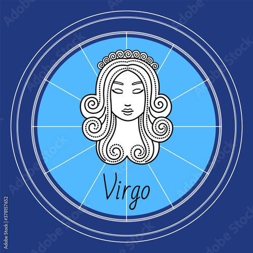 Virgo horoscope and zodiac sign decorative design in circle. Isolated icon of maiden in sketchy manner. Element for virgos or virgoans born in september and august months. Vector in flat style
