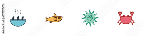 Set Soup with shrimps, Shark, Sea urchin and Crab icon. Vector.
