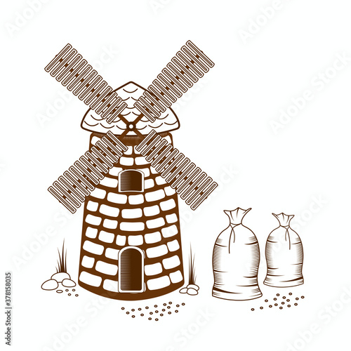 Vector illustration of a windmill and bags of millet. Retro vintage style design.