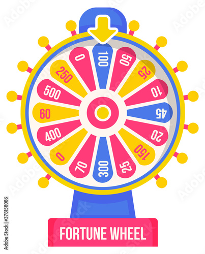 Wheel of fortune with winning numbers and sector bankrupt and bonus, flat style illustration. Game fortune wheel concept. Casino and gambling vector. Icon of casino fortune, wheel winner game