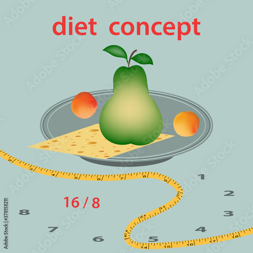 Diet Intermittent fasting - 16 and 8 hours, pear, apricot, cheese slice, measuring tape - vector.