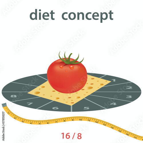 Diet Intermittent fasting - 16 and 8 o'clock, tomato, cheese, measuring tape - isolated on white background - vector.