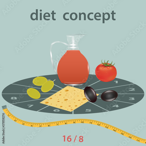 Intermittent starvation diet - 8 and 16 hours a glass jar with juice, tomato, cheese, olive, the measuring tape - vector.
