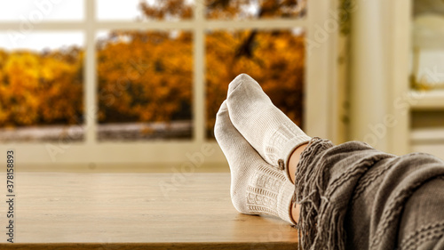 Woman legs and autumn window 