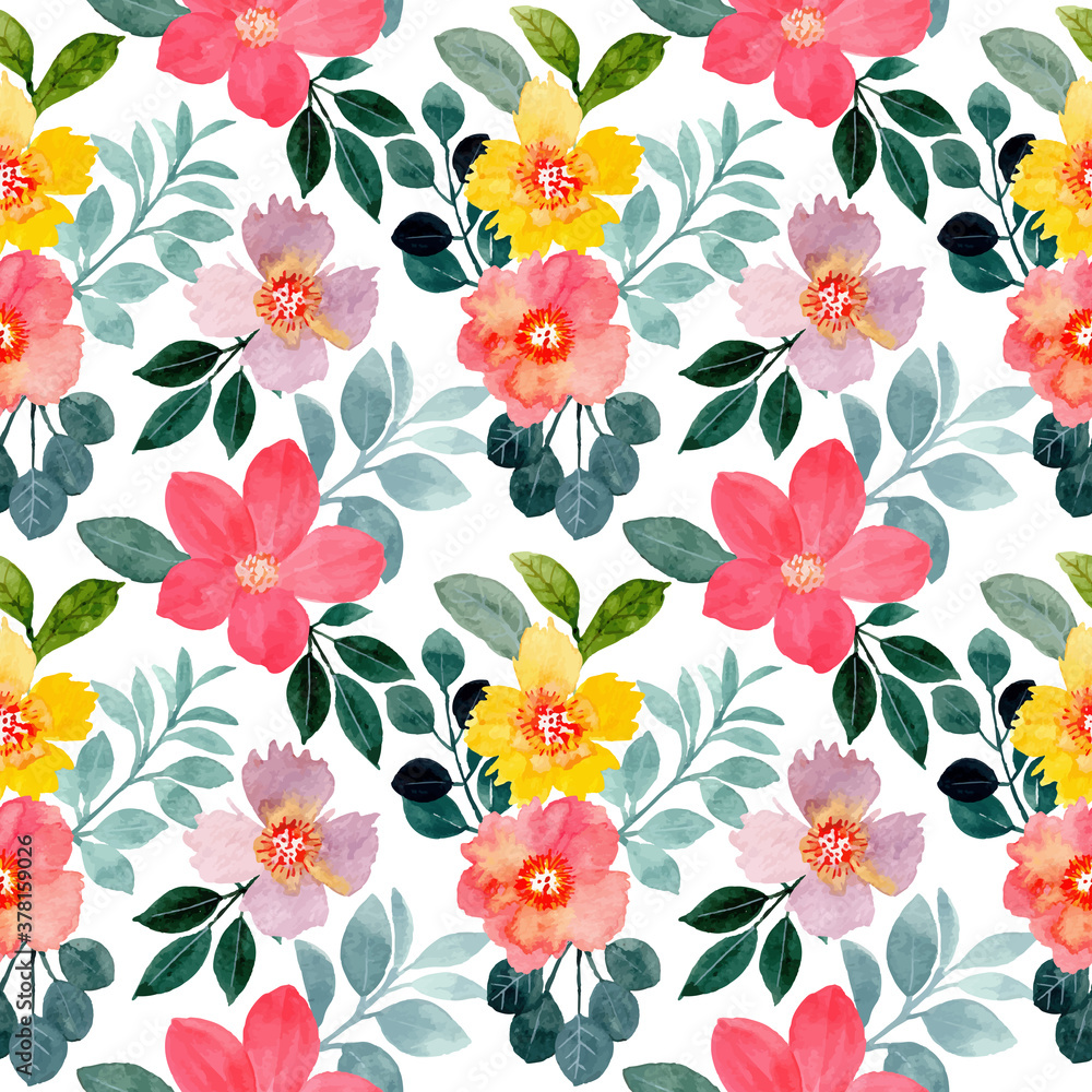 Beautiful seamless pattern with colorful floral watercolor