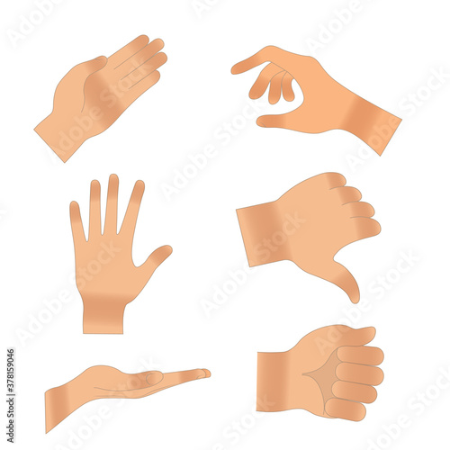 Set of human realistic hands showing various gestures. Open arm showing signal and handshake, interactive communication set